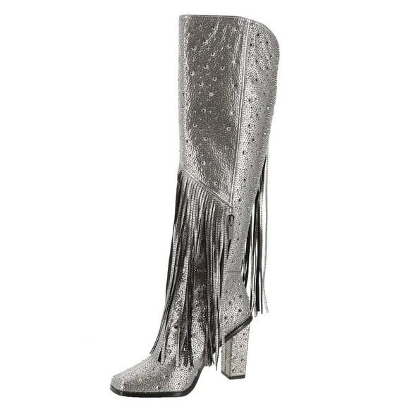 JESSICA SIMPSON Silver Embellished Fringe Glitter Asire Western Tall Rodeo Boot - Picture 8 of 10